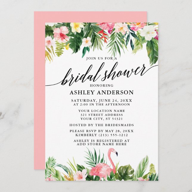 Tropical Floral Calligraphy Bridal Shower Pink Invitation (Front/Back)