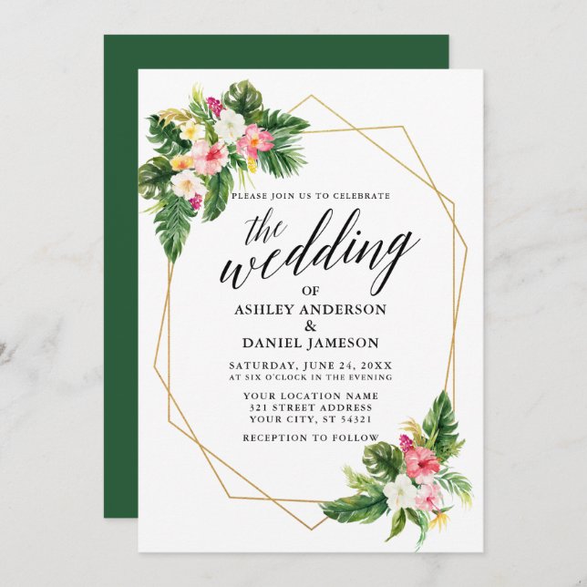 Tropical Floral Calligraphy Gold Frame Wedding Invitation (Front/Back)