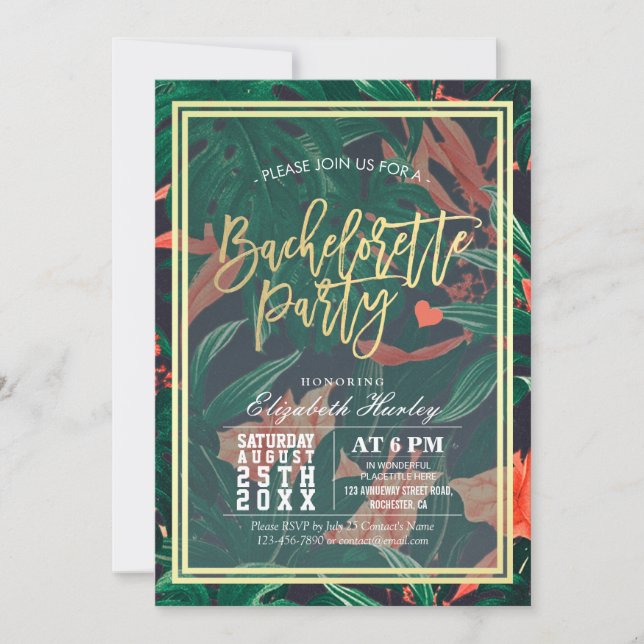 Tropical Floral Chic Gold Frame Bachelorette Party Invitation (Front)