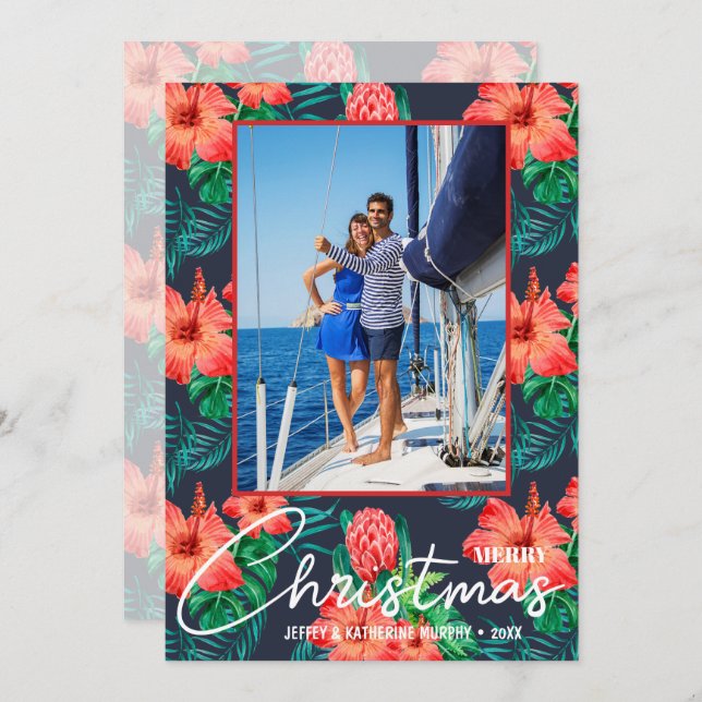 Tropical Floral Christmas Photo Holiday Card (Front/Back)