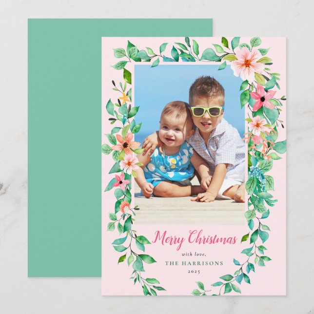 Tropical Floral Christmas Pink Photo Holiday Card (Front/Back)