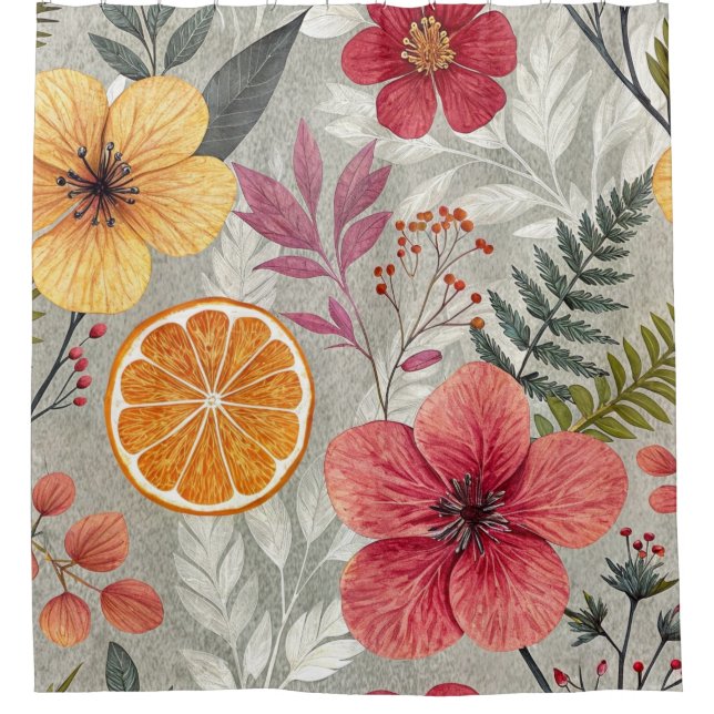 Tropical Floral & Citrus Shower Curtain (Front)