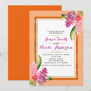 Tropical Floral Coral Orange & Gold Chic Wedding Invitation