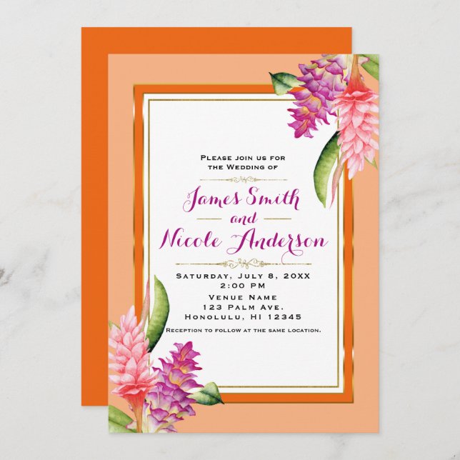 Tropical Floral Coral Orange & Gold Chic Wedding Invitation (Front/Back)