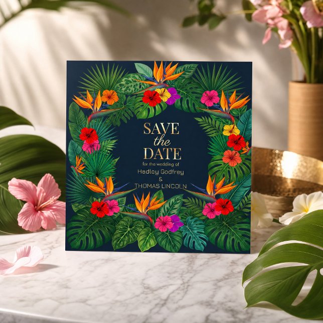 Tropical Floral Design | Hibiscus & Greenery Invitation (#tropicalsavethedate#floralweddingcard#destinationwedding#botanicalinvitation#navyandgold)
