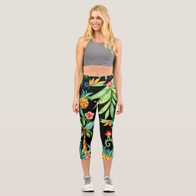 Tropical Floral Exotic Black Leggings (Front)