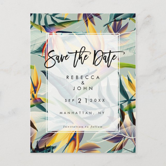 tropical floral exotic wedding save the date card (Front)