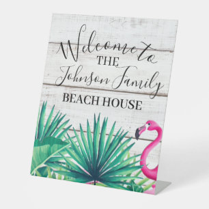 Tropical Floral Family Name Beach House Welcome Pedestal Sign