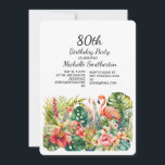 Tropical Floral Flamingo 80th Birthday  Invitation<br><div class="desc">Women's 80th Birthday party invitation with a beautiful pink flamingo on tropical leaves and floral background.  This card can be customised for anyone of any age.  Contact me for assistance with your customisations or to request additional matching or coordinating Zazzle products for your celebration.</div>
