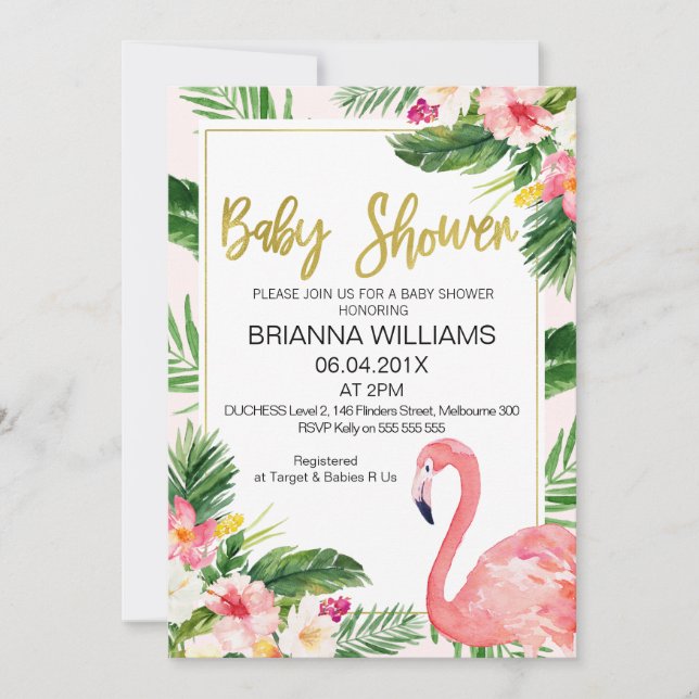 Tropical Floral Flamingo Baby Shower invitation (Front)