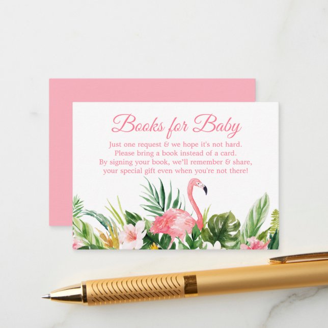 Tropical Floral Flamingo Books For Baby Shower Enclosure Card (Front/Back In Situ)