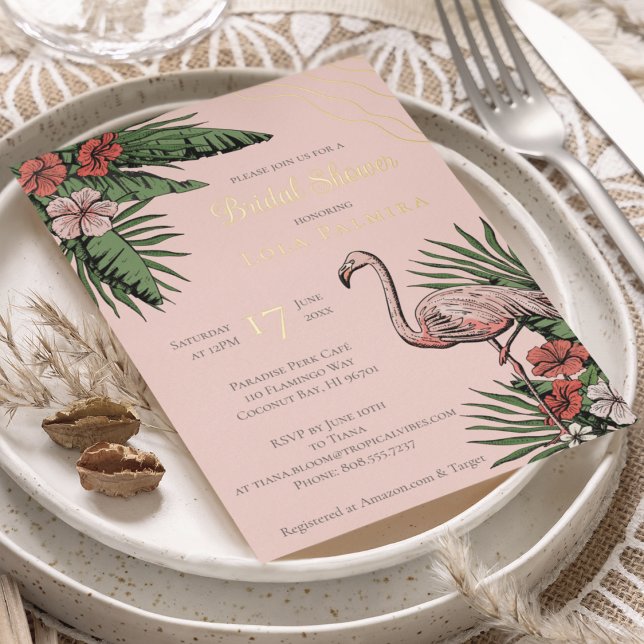 Tropical Floral Flamingo Coral Bridal Shower Gold  (Elegant & Chic Blush Pink Floral Flamingo Tropical, Summer or Beach Wedding Invitation Card. )