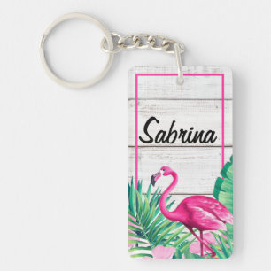 Tropical Floral Flamingo Custom Name Summer Beach Key Ring