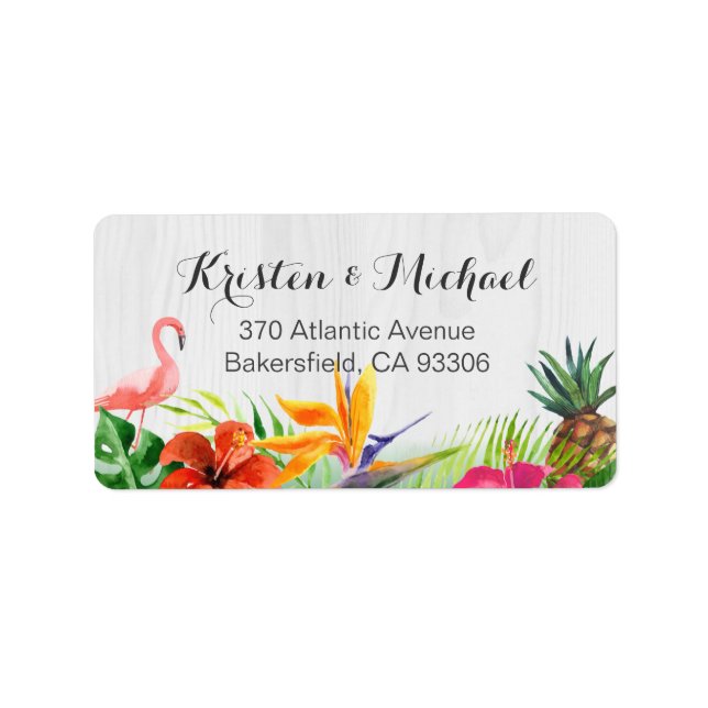Tropical Floral Flamingo Pineapple Rustic Wood Label (Front)