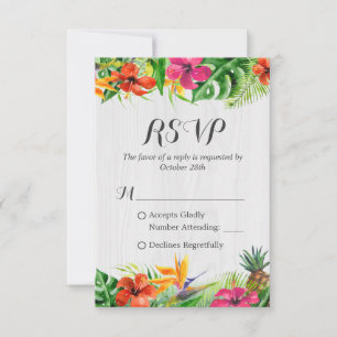 Tropical Floral Flamingo Rustic Wood Wedding RSVP Card