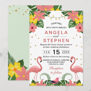 Tropical Floral Flamingo Summer Wedding Invitation