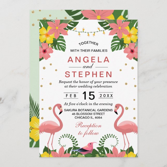 Tropical Floral Flamingo Summer Wedding Invitation (Front/Back)