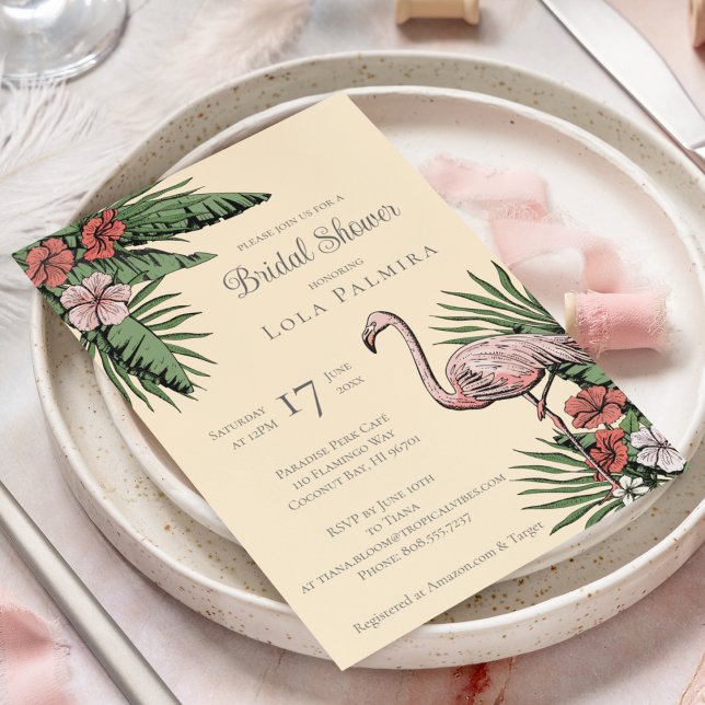 Tropical Floral Flamingo Yellow Bridal Shower Invitation (Elegant Tropical Bridal Shower Design. Hand-Drawn Pink Flamingo, Hibiscus Flowers, Tropical Greenery)