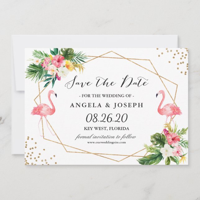 Tropical Floral Flamingos Summer Save the Date (Front)