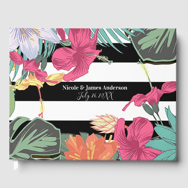 Tropical Floral Flowers Leaves Black White Stripes Guest Book (Front)