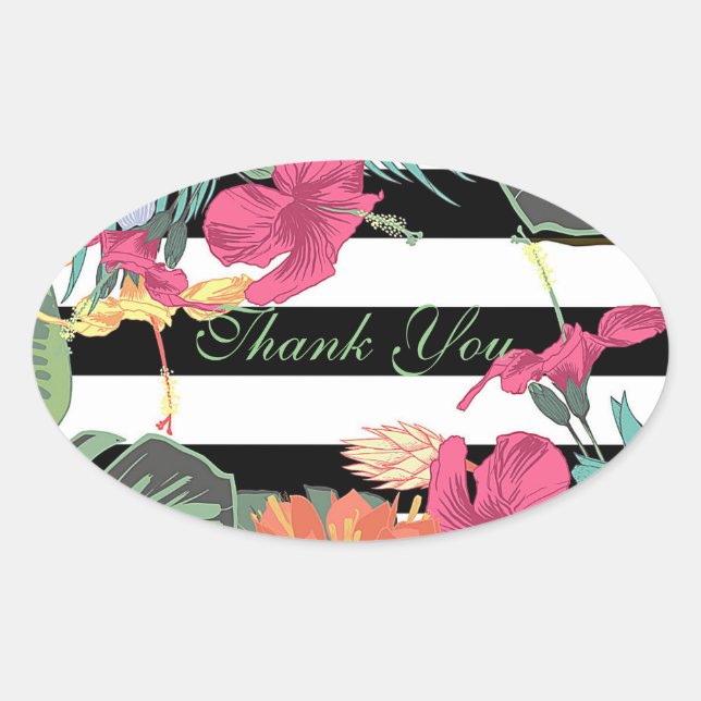 Tropical Floral Flowers Leaves Black White Stripes Oval Sticker (Front)