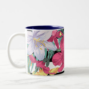 Tropical Floral Flowers Leaves Black White Stripes Two-Tone Coffee Mug
