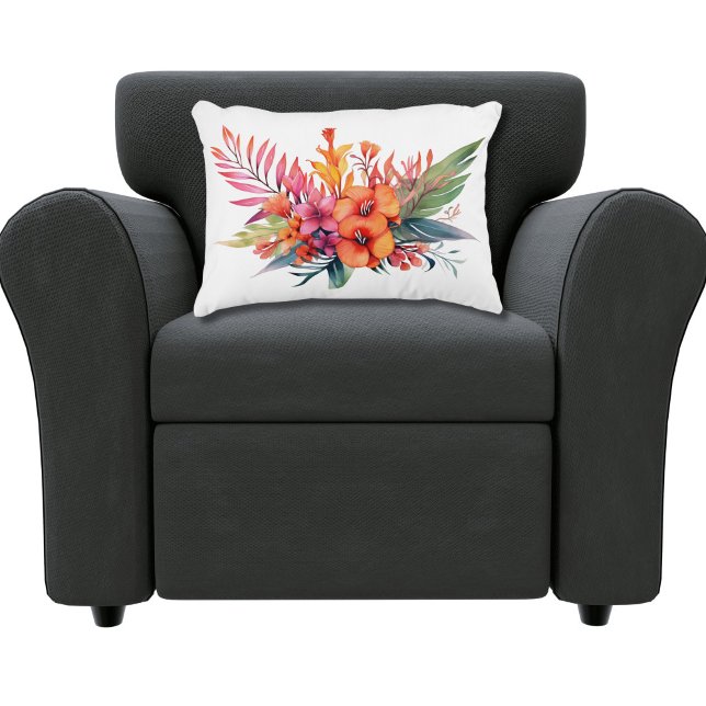 Tropical Floral Flowers Pink Peach Yellow Orange  Decorative Cushion (Pink Peach Orange Yellow Tropical Floral Flowers with Greenery Throw pillow accent pillow. )