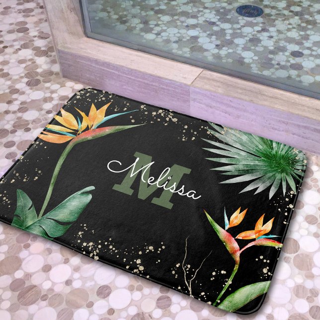 Tropical Floral Foliage Monogram Script Gold Black Bath Mat (Creator Uploaded)