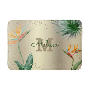 Tropical Floral Foliage Monogram Script Gold Foil  Bath Mat