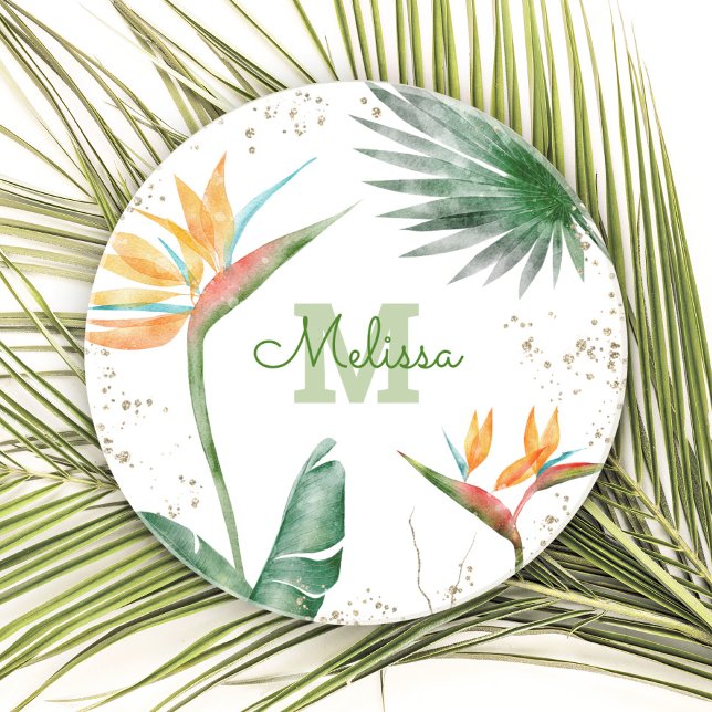 Tropical Floral Foliage Monogram Script White Gold Coaster (Creator Uploaded)