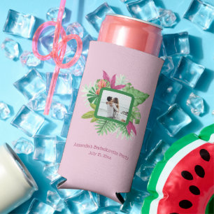 Tropical Floral Frame Custom Photo and Text Seltzer Can Cooler