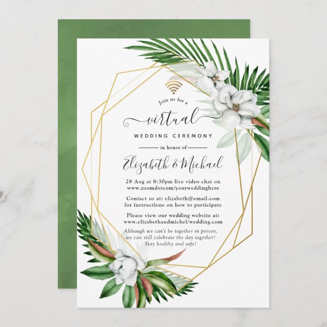 Tropical Floral Geometric Online Virtual Wedding Invitation (Front/Back)