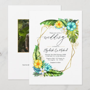 Tropical Floral Geometric Wedding Photo & QR Code Invitation
