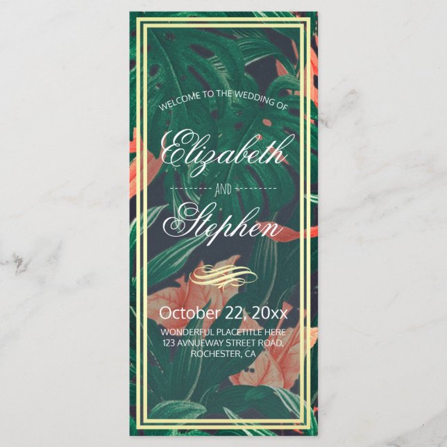 Tropical Floral & Gold Foil Frame Wedding Program Programme (Front)