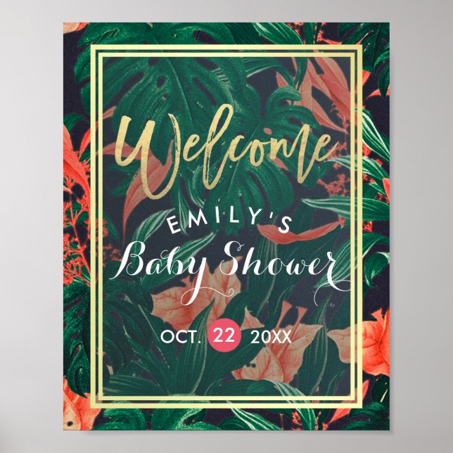 Tropical Floral Gold Frame Baby Shower Welcome Poster (Front)
