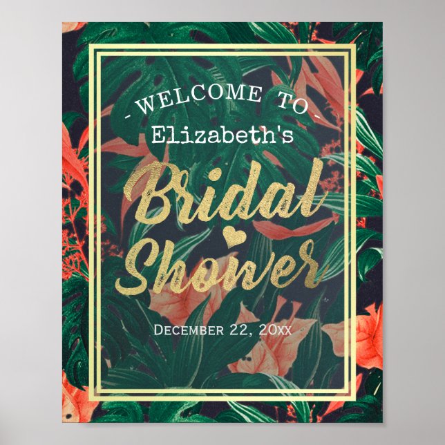 Tropical Floral Gold Frame Bridal Shower Welcome Poster (Front)