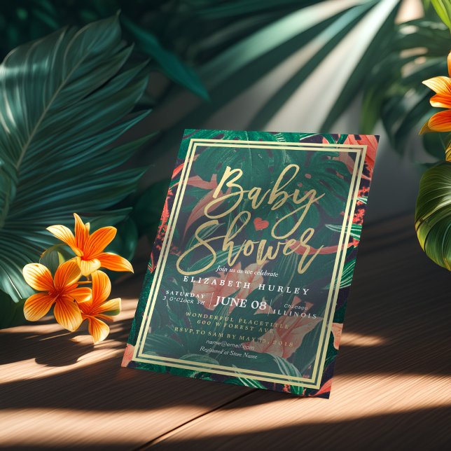 Tropical Floral Gold Frame Hawaiian Baby Shower Invitation (Creator Uploaded)