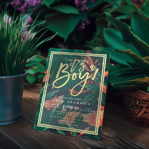 Tropical Floral Gold Frame Hawaiian Baby Shower Invitation