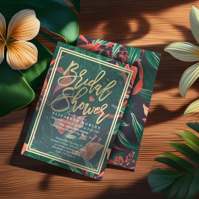 Tropical Floral Gold Frame Hawaiian Bridal Shower Invitation (Creator Uploaded)