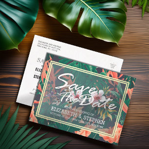 Tropical Floral & Gold Frame Wedding Save The Date Announcement Postcard