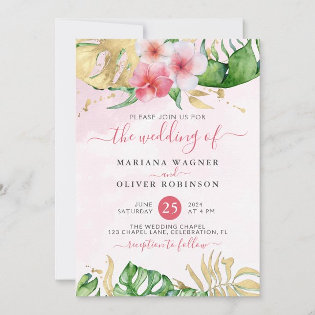 Tropical Floral Gold Watercolor Wedding Invitation (Front)