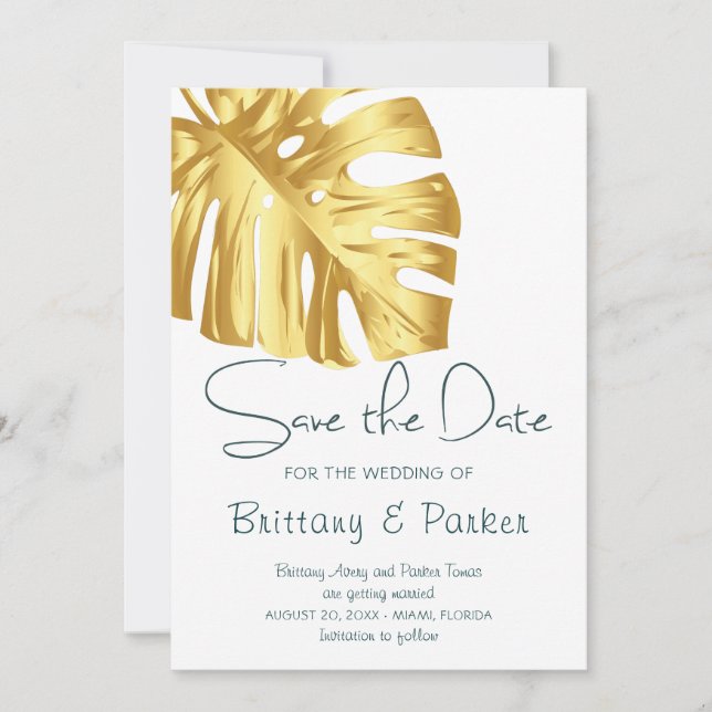 Tropical Floral Gold Wedding Save The Date (Front)
