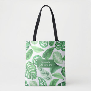 Tropical Floral Green Leaves Greenery Monogram Tote Bag