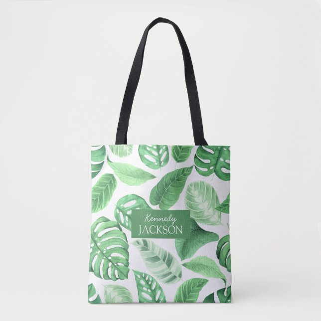 Tropical Floral Green Leaves Greenery Monogram Tote Bag (Front)