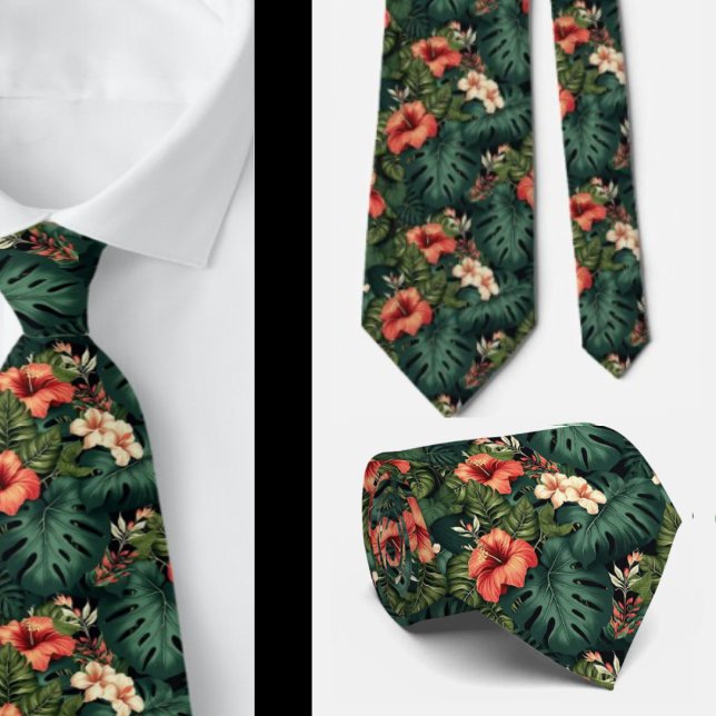 Tropical Floral Greenery Aloha Hawaii Hawaiian Tie (Creator Uploaded)