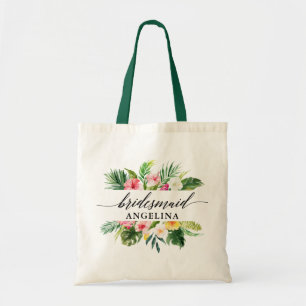 Tropical Floral Greenery Calligraphy Bridesmaid Tote Bag