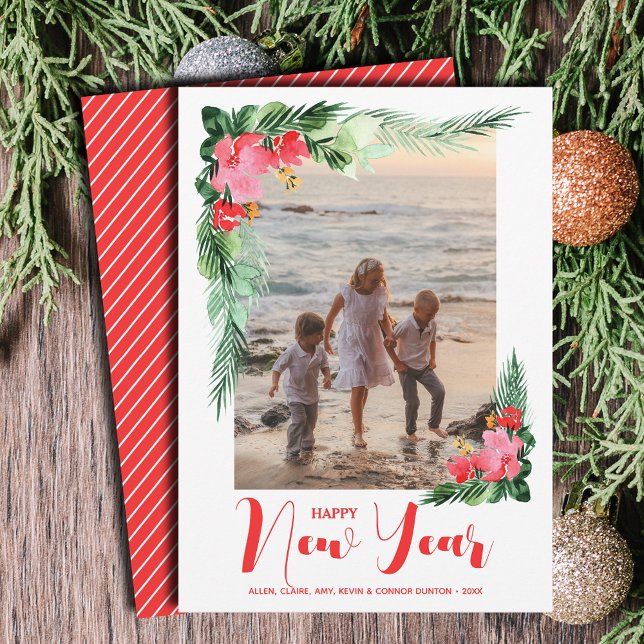 Tropical Floral Happy New Year Photo Holiday Card (Tropical Floral Happy New Year Photo Holiday Cards - Order INSTANT DOWNLOAD and/or PRINTED or both!)