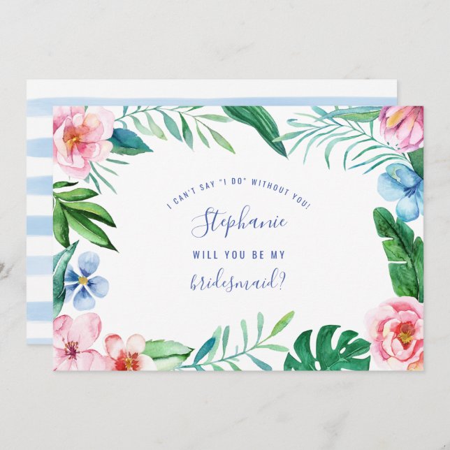 Tropical Floral Hawaii Peony Pink Green Bridesmaid Invitation (Front/Back)