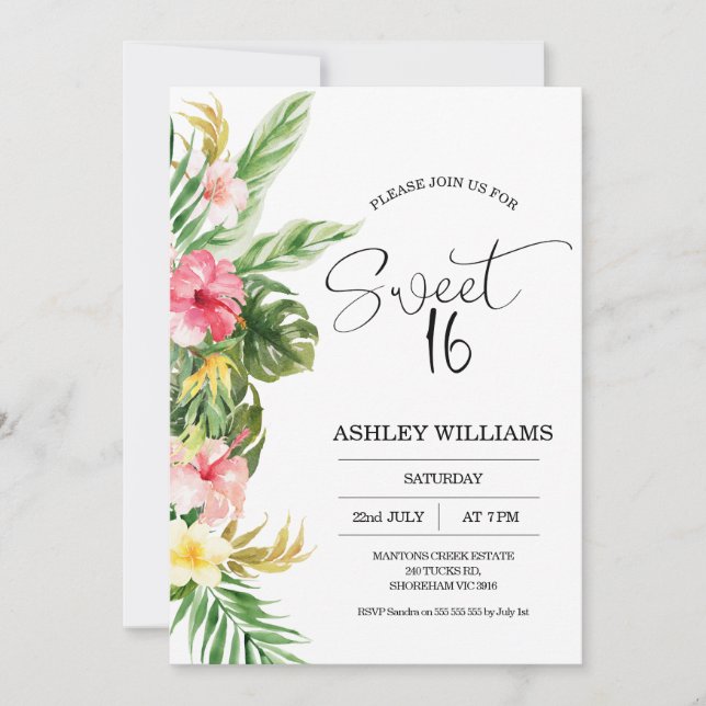 Tropical Floral Hawaiian Luau Sweet 16 Birthday  Invitation (Front)