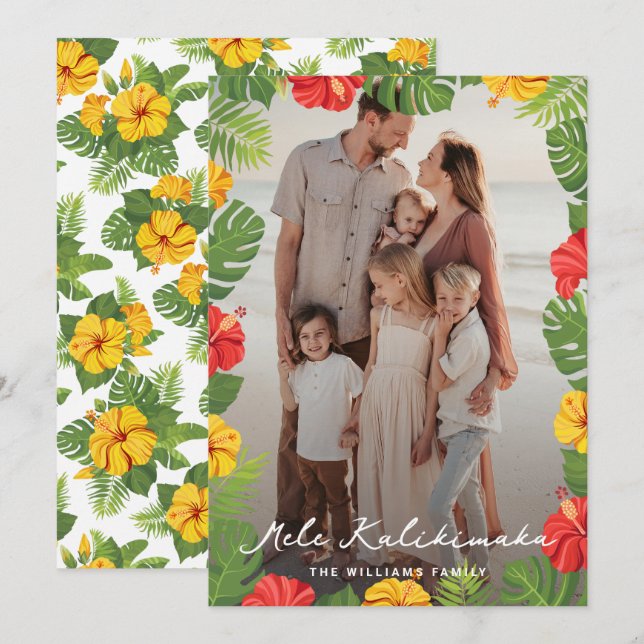 Tropical Floral Hawaiian Photo Mele Kalikimaka Holiday Card (Front/Back)
